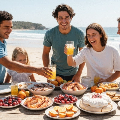Australian family enjoying a Christmas BBQ on a sunny beach, with fresh seafood and fruits on the table, no text, no words, no typography