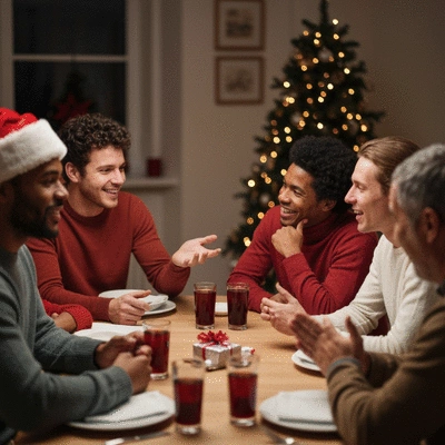 Diverse group of friends and family sharing Christmas stories around a table, warm festive lighting, no text, no words, no typography