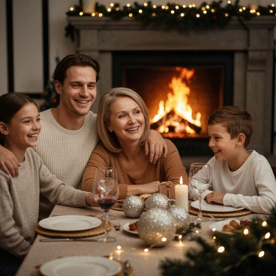 Happy family enjoying a relaxed holiday gathering, laughing and talking around a decorated table
