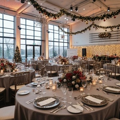 Elegant Christmas party setup in a spacious venue with festive decorations