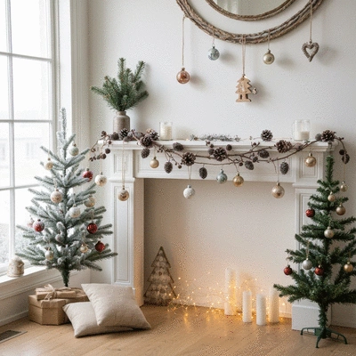Whimsical Christmas decor featuring fairy lights, vintage ornaments, and rustic touches in a living room setting, no text, no words, no typography, clean image