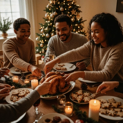 Family gathered around a festive Christmas dinner table, hands reaching for food