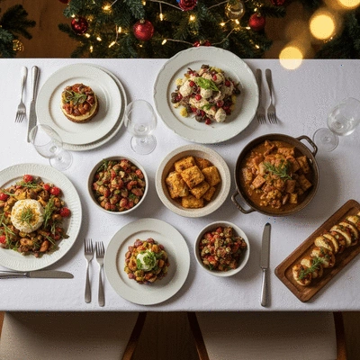 Overhead view of various festive Christmas dishes on a beautifully set table