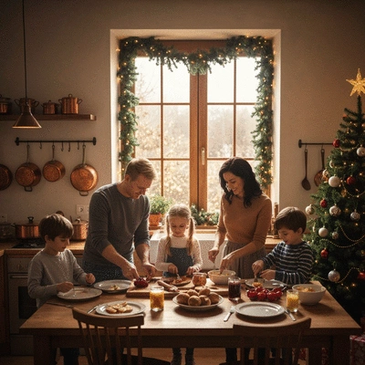 Family preparing Christmas dinner together in a cozy kitchen