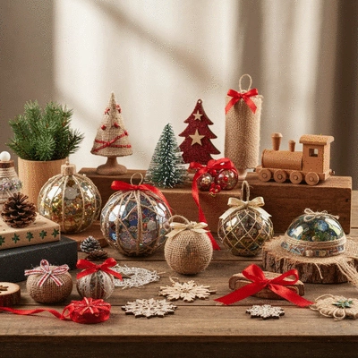 Display of various handmade Christmas decorations, some made from recycled materials