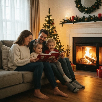 Family reading Christmas books together by a fireplace