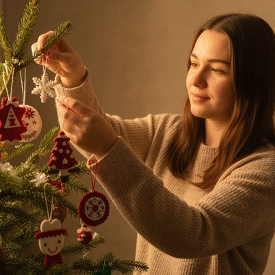 Person arranging handmade Christmas ornaments on a tree branch