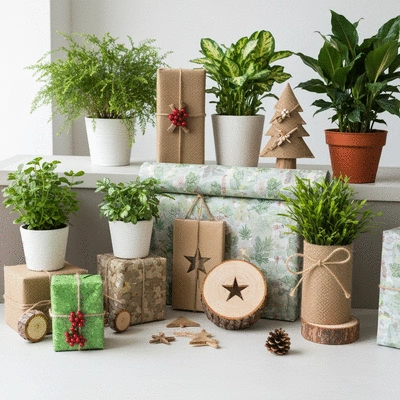 Eco-friendly Christmas decor with natural materials like wood and burlap, potted plants, and recycled wrapping in a festive setting, no text, no words, no typography, clean image